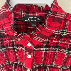 J. Crew ladies ruffled neck blouse size Medium red plaid. Soft flannel 99% Cott